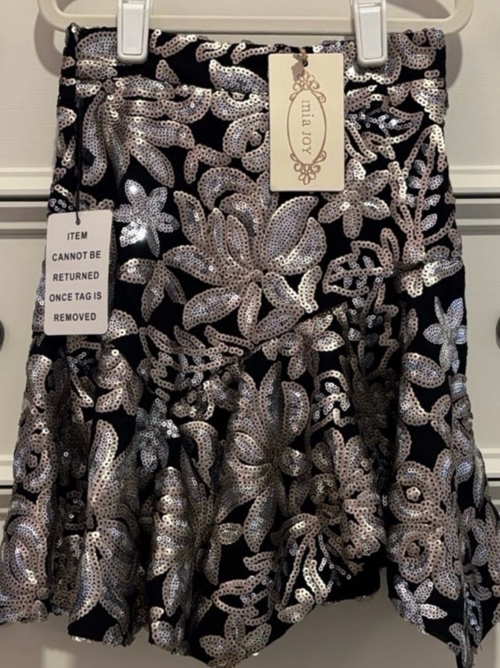 Joyfolie Kathy Black Skirt with Silver Sequin Floral Embroidery